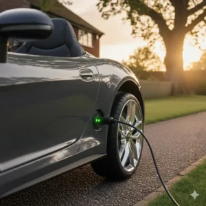Alt text for image 7: Close-up of a 12V electric sports car ride on being charged via a UK mains plug into a discreet charging port on the car's body.
