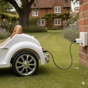 A 12V battery-powered ride-on car with parental remote control being charged via a UK mains plug.