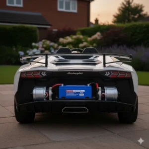 Three Lamborghini ride-on cars in red, blue, and pink parked in a row on a brick-paved driveway in front of a modern British house.