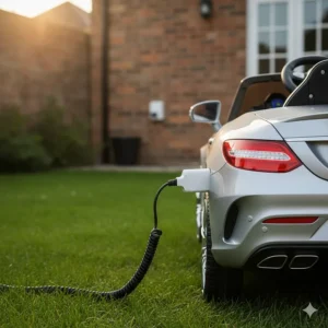 A 12V battery-powered Mercedes ride-on car being charged via a standard UK mains plug.