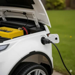 The charging port and 12V battery setup for a Range Rover electric toy car.