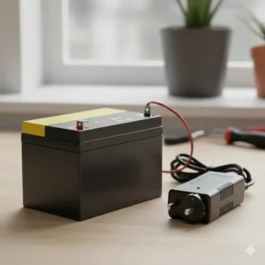 Close-up of a 12v rechargeable battery and a standard UK 3-pin plug charger for a kids' car.