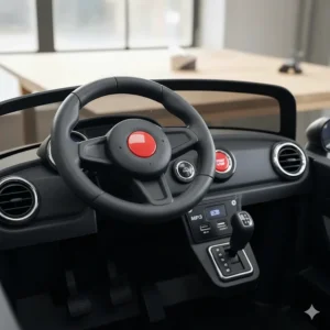 Interior view of a 12v ride-on car featuring a working horn, MP3 player input, and start button.