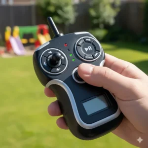 A handheld 2.4G parental remote control used to safely steer a 12v ride-on car.