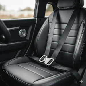 Detailed view of the adjustable safety seat belt and leather-style seat inside a 12v electric car.