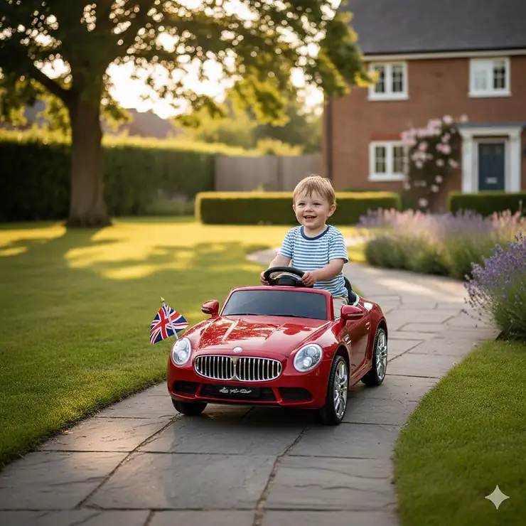 A young child driving a red electric ride-on car on a paved garden path in the UK. ride on car for toddlers