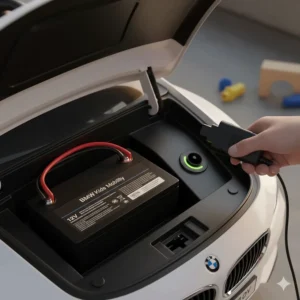 A view of the 12V rechargeable battery and charging port located under the bonnet of a BMW kids' car.