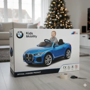 The retail packaging for a BMW ride-on car showing Official Licensed Product branding and UK safety marks.