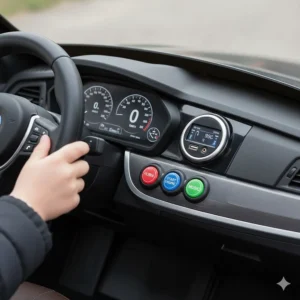 Close-up of a BMW ride-on car dashboard featuring a light-up speedometer, MP3 player input, and horn buttons.