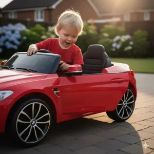 A child opening the side door of a red BMW ride-on car, showing the realistic latch mechanism.