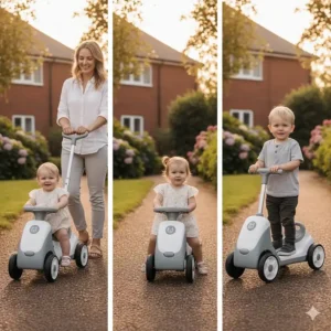 Diagram of a 3-in-1 convertible ride-on car showing how it transforms from a stroller to a foot-to-floor toy.