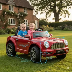 Illustration showing the internal width of a two seater ride on car suitable for two toddlers.