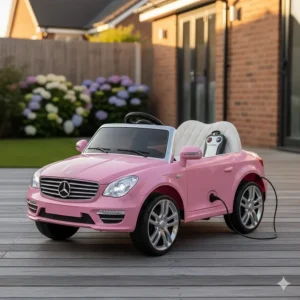 A pink battery-powered electric ride-on car for a one-year-old with a parental remote control.