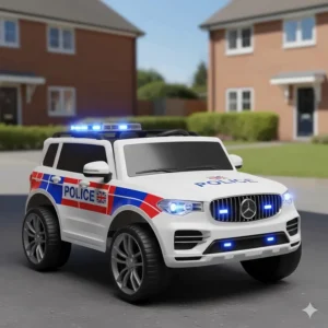 Two children sitting in a large 24v electric ride-on 4x4 with chunky off-road tyres.