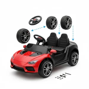 A step-by-step illustration showing how to attach the wheels and steering wheel to a 12v ride-on toy.