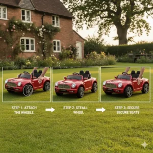 Step-by-step illustration showing how to fit the steering wheel and seats on a kids ride-on vehicle.