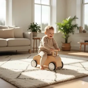 A compact, scandi-style wooden ride-on car suitable for indoor play on a living room rug.
