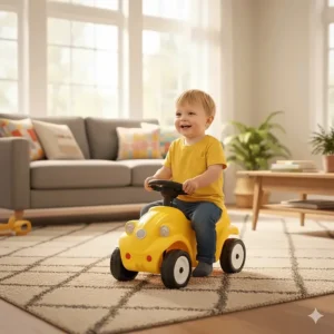 A small plastic foot-to-floor ride-on car being used by a toddler on a living room rug.