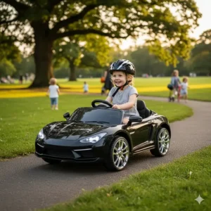 Alt text for image 9: A child wearing a safety helmet driving a black battery-powered sports car ride on through a leafy British public park on a sunny afternoon
