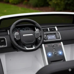 Realistic dashboard of a Range Rover toy car with working lights, horn, and MP3 music player input.