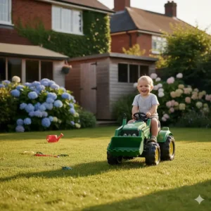 A child driving a robust toy tractor ride-on car over a mown lawn in a typical UK back garden.