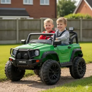 A green kids' ride-on tractor featuring a detachable trailer and working front loader.