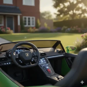 A large cardboard delivery box for a Lamborghini electric ride-on supercar, featuring UK safety markings and a "UK Delivery" label on a stone patio.