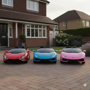Close-up side profile of a white Lamborghini ride-on car, showing the high-detail black alloy-style wheels and EVA noise-reduction tyres.