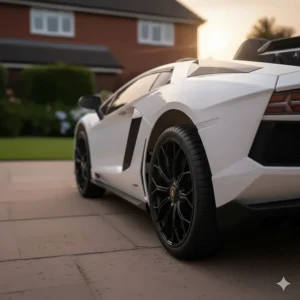 A happy toddler wearing a yellow safety helmet sitting in a yellow Lamborghini Aventador ride-on car on a sunny patio.