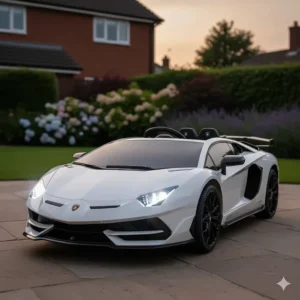 Rear view of a white Lamborghini toy car with the back panel open to show the 12V battery and twin electric motors.