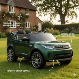 An officially licensed Land Rover two seater ride on car in a classic British racing green finish.