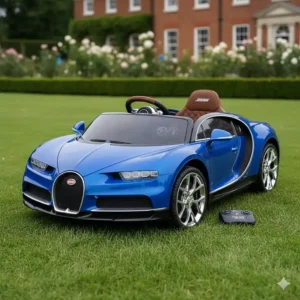 A licensed luxury-style electric ride-on car with parental remote control featuring realistic badges and alloy-style wheels.