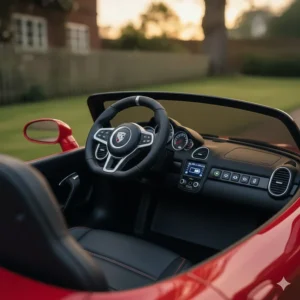 Alt text for image 3: Close-up view of the interior dashboard of a kids' sports car ride on, featuring a realistic steering wheel and light-up controls.