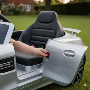 Demonstration of the functional opening doors and safety locking mechanism on a Mercedes ride-on toy.