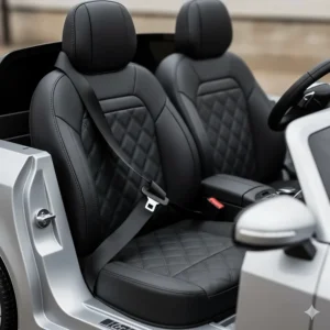 Detailed view of the luxury padded leather seat and seatbelt inside a Mercedes electric toy car.