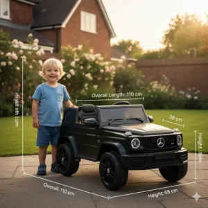 A scale illustration showing the dimensions of a Mercedes G-Wagon ride-on car compared to a toddler.