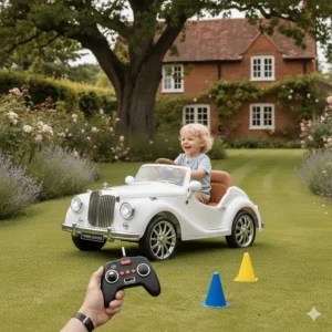 A father using a parental remote control to steer a white battery-powered car away from an obstacle.