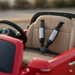 A handheld 2.4G parental remote control used to steer a battery-powered toy car.