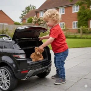 A child placing a small toy into the opening boot compartment of a black Range Rover ride-on car.