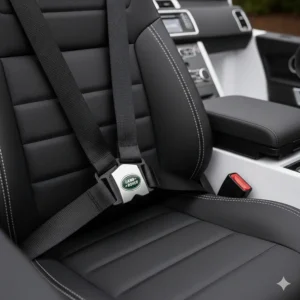 Detailed shot of the secure adjustable safety belt inside the Range Rover electric ride-on car.