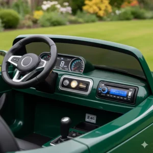 Interior view of a kids' electric car dashboard featuring working LED lights and MP3 player input.