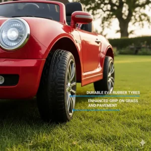 Close-up of durable EVA rubber tyres on a two seater ride on car for better grip on garden grass.