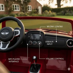 Interior dashboard of a two seater ride on car with a working MP3 player, USB port, and volume control.