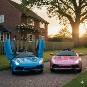 Alt text for image 5: Two battery-powered sports car ride ons, one in electric blue and one in metallic pink, featuring open scissor doors on a suburban driveway.