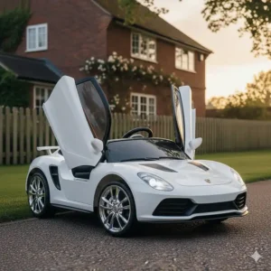 Alt text for image 8: A sleek white sports car ride on for children with both vertical butterfly doors open, showcasing the luxury interior and aerodynamic design.