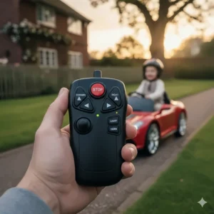 Alt text for image 2: A parent holding a black 2.4G parental remote control used to safely oversee the steering and speed of a kids' electric sports car.
