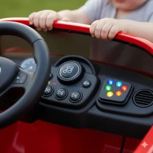 The internal dashboard of a toy car featuring a working horn, music buttons, and LED lights.