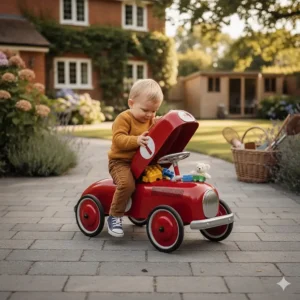 A toddler lifting the seat of a ride-on car to reveal a hidden storage compartment for small toys.