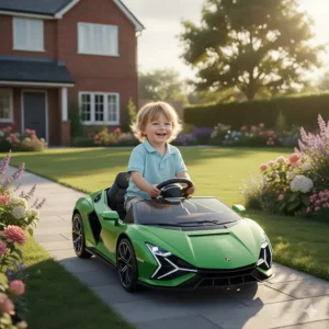 Close-up of the black leather-style seat in a Lamborghini toy car, featuring a safety belt and a parental remote control being held nearby.