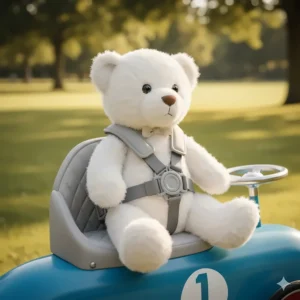 Illustration showing the secure three-point safety harness and high backrest on a ride-on car for a 1-year-old.